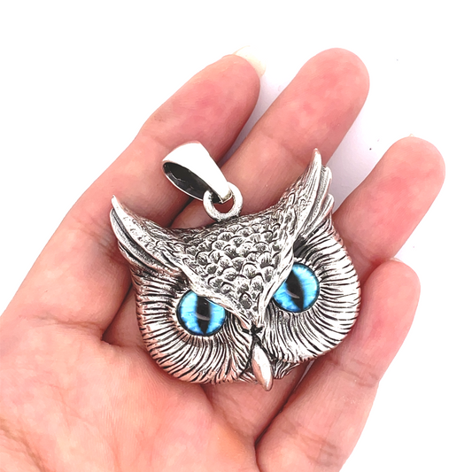 Vintage Gothic Owl Blue Eyes Large Size Sterling Silver Gold Brass Pendant Necklace