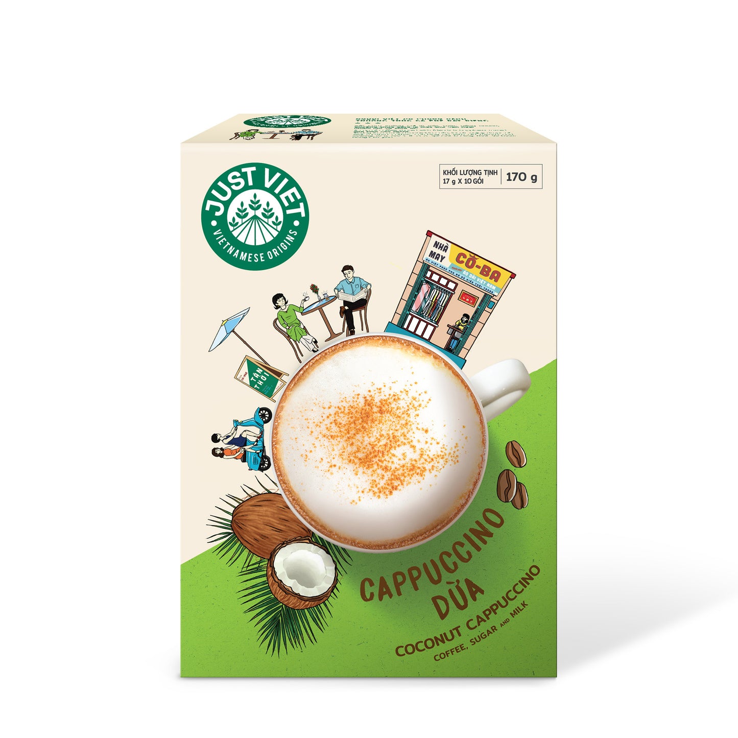 Just Viet_ Coconut & Durian Cappuccino Coffee- Authentic Vietnamese Taste - Naturally Rich Blend - BOX of 10 PACKS x 17g