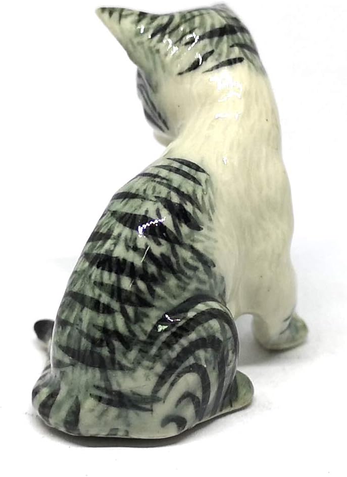 Grey Tabby & Brown Burmese Cat Ceramic Figurine Porcelain Handmade Home Decor Collection