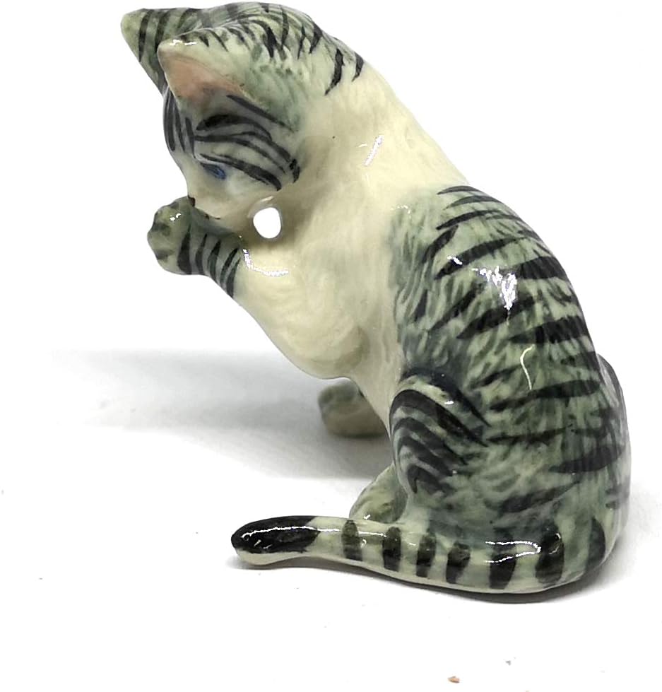 Grey Tabby & Brown Burmese Cat Ceramic Figurine Porcelain Handmade Home Decor Collection