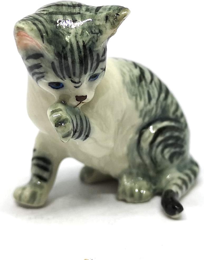 Grey Tabby & Brown Burmese Cat Ceramic Figurine Porcelain Handmade Home Decor Collection