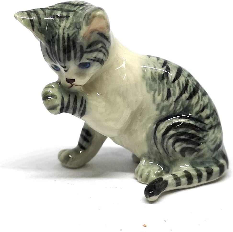 Grey Tabby & Brown Burmese Cat Ceramic Figurine Porcelain Handmade Home Decor Collection