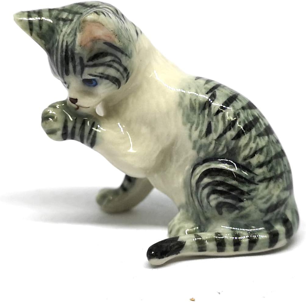 Grey Tabby & Brown Burmese Cat Ceramic Figurine Porcelain Handmade Home Decor Collection