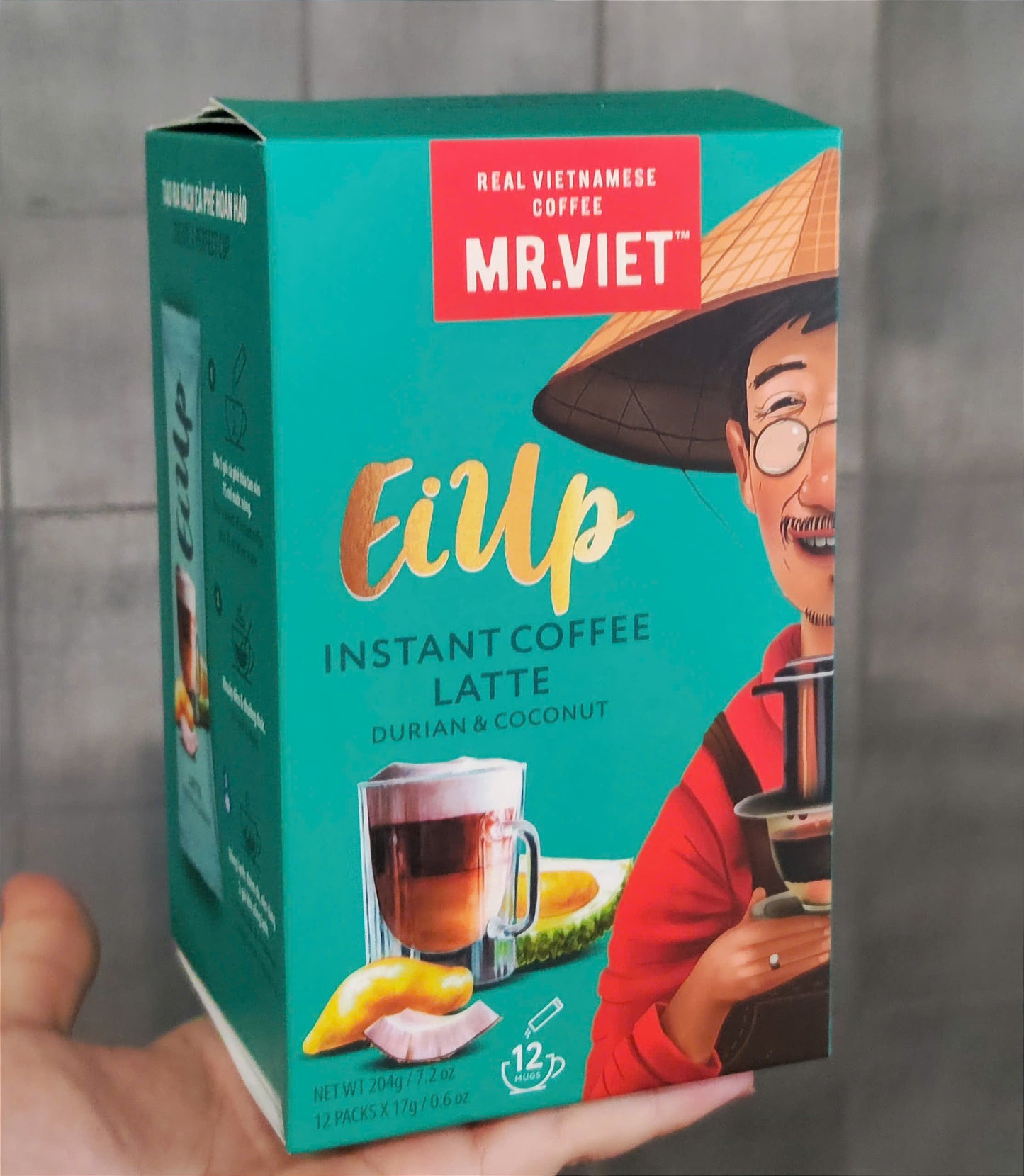 Mr. Viet EiUp Instant Durian Coconut Latte Coffee Box 204g - 12 Sachets x 17g