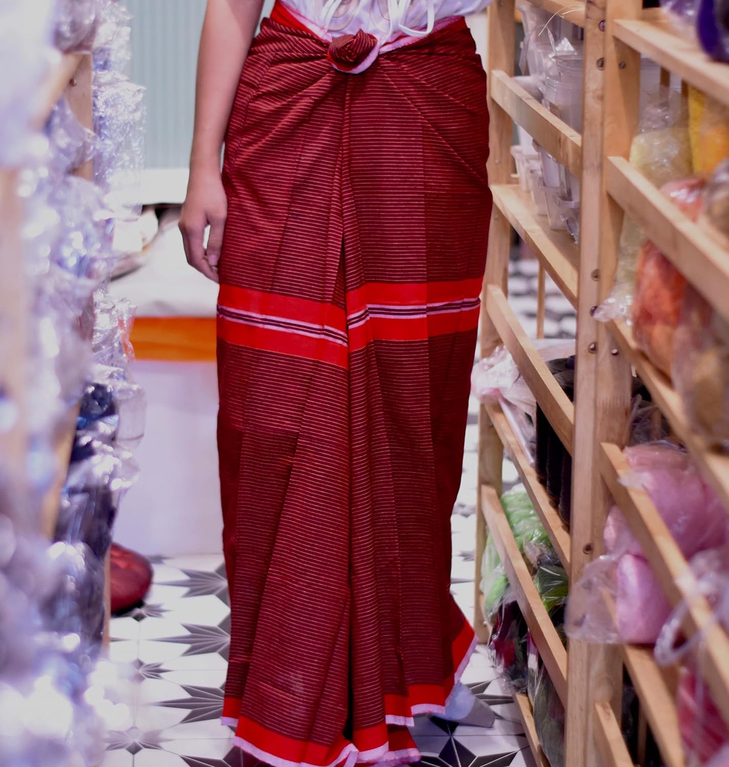 Women's Burmese Pants Longyi Myanmar Sarong Pareo Traditional Dress Handmad Burma Woven (Red)