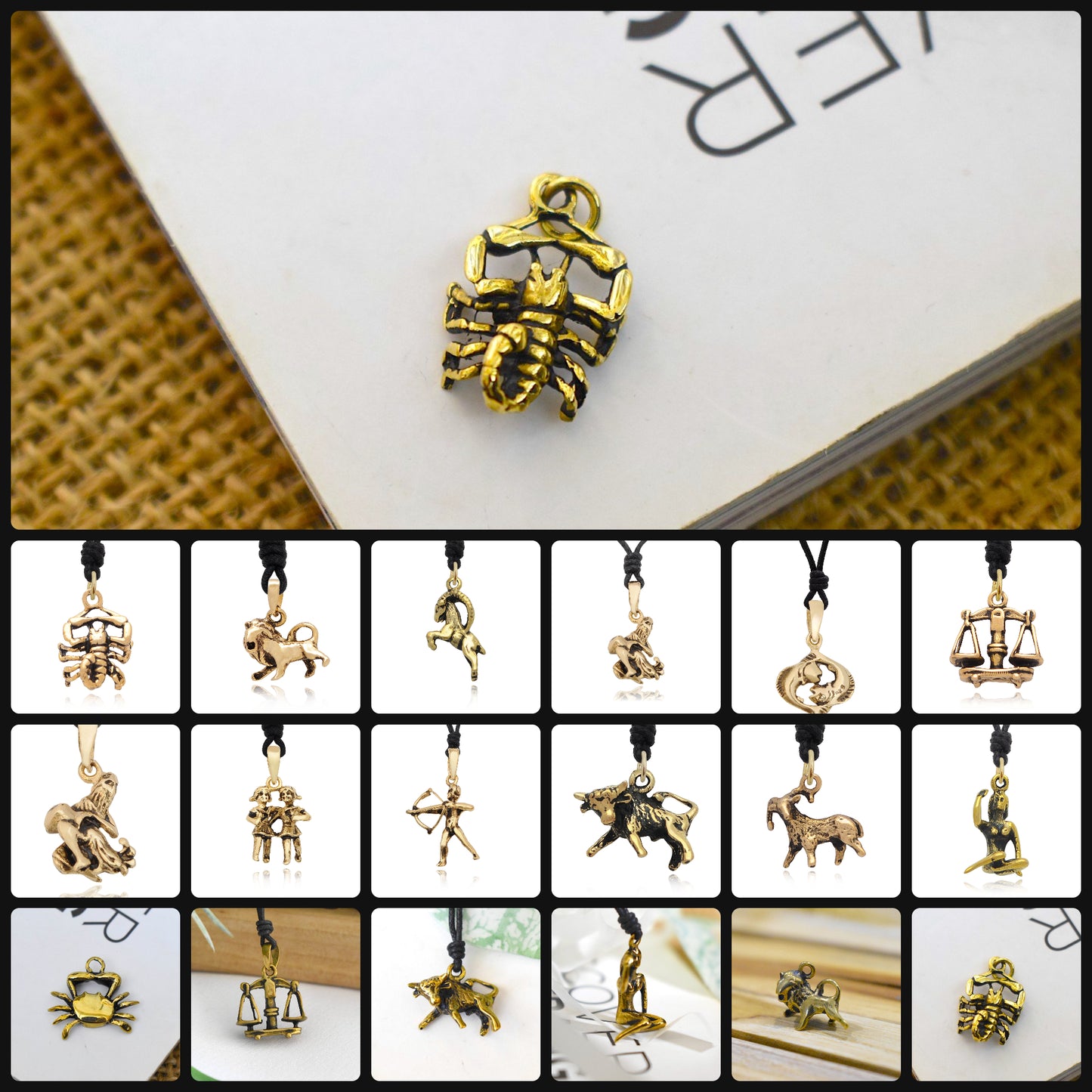 Astrology Gold Brass Sterling Silver Charm Necklace Pendant Horoscope Zodiac