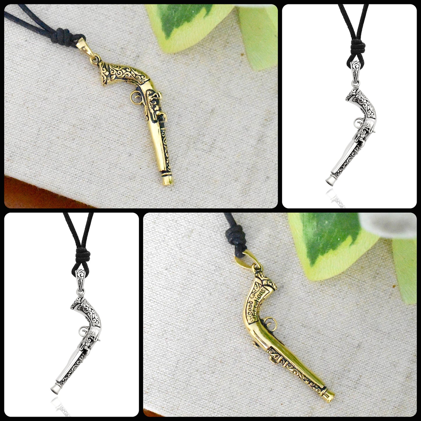 Gothic Musket Antique Flintlock Gun Pistol Sterling Silver Brass Pendant Charm Necklace Pendant Jewelry