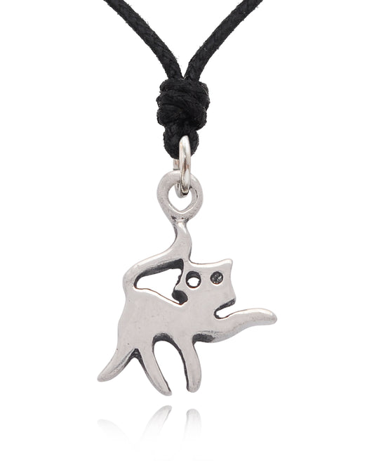 Cat Feline Silver Pewter Charm Necklace Pendant Jewelry With Cotton Cord