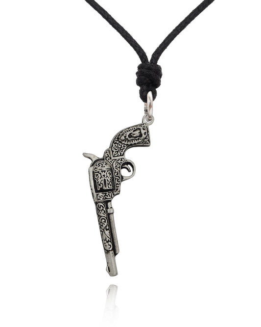 New Antique Handgun Vintage Gun Revolver Pistol Silver Pewter Charm Necklace Pendant Jewelry With Cotton Cord