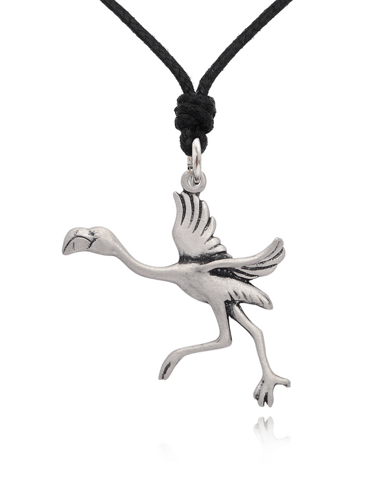 Flamingo Silver Pewter Charm Necklace Pendant Jewelry With Cotton Cord