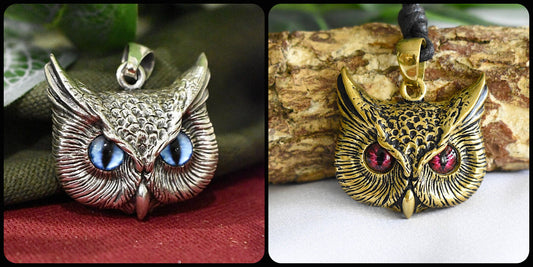 Vintage Gothic Owl Blue Eyes Large Size Sterling Silver Gold Brass Pendant Necklace