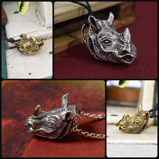 Rhino Head Rhinoceros 92.5 Sterling Silver Brass Gold Necklace Pendant Jewelry