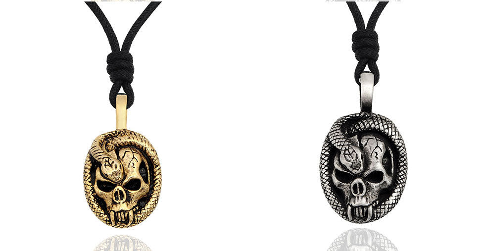 Skull & Snake Silver Pewter Gold Brass Charm Necklace Pendant Jewelry