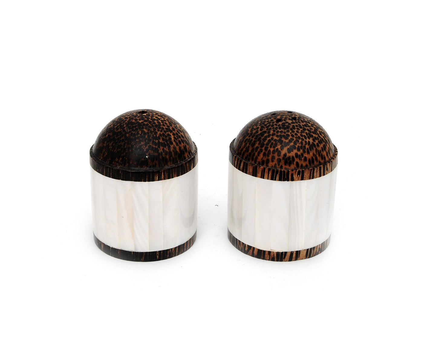 Handmade Natural Set of Palm Wood Salt & Pepper Shakers Box Containers White Mother of Pearl Inlay