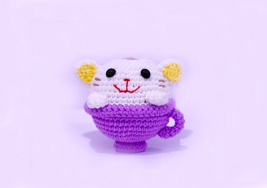 Cat Relaxing In A Tea Cup Handmade Amigurumi Stuffed Toy Knit Crochet Doll VAC