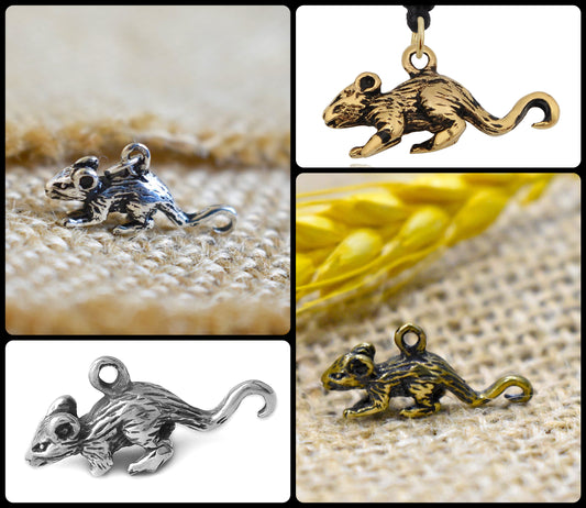 Cute Rat 92.5 Sterling Silver Gold Brass Charm Necklace Pendant Jewelry