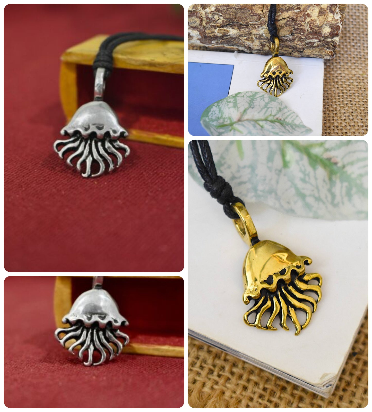 Jelly Fish Silver Pewter Gold Brass Charm Necklace Pendant Jewelry