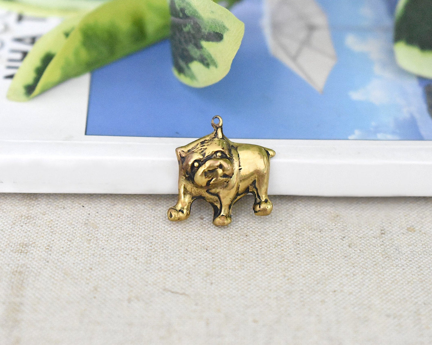 Chubby English Bulldog Handmade Gold Brass Charm Necklace Pendant Jewelry