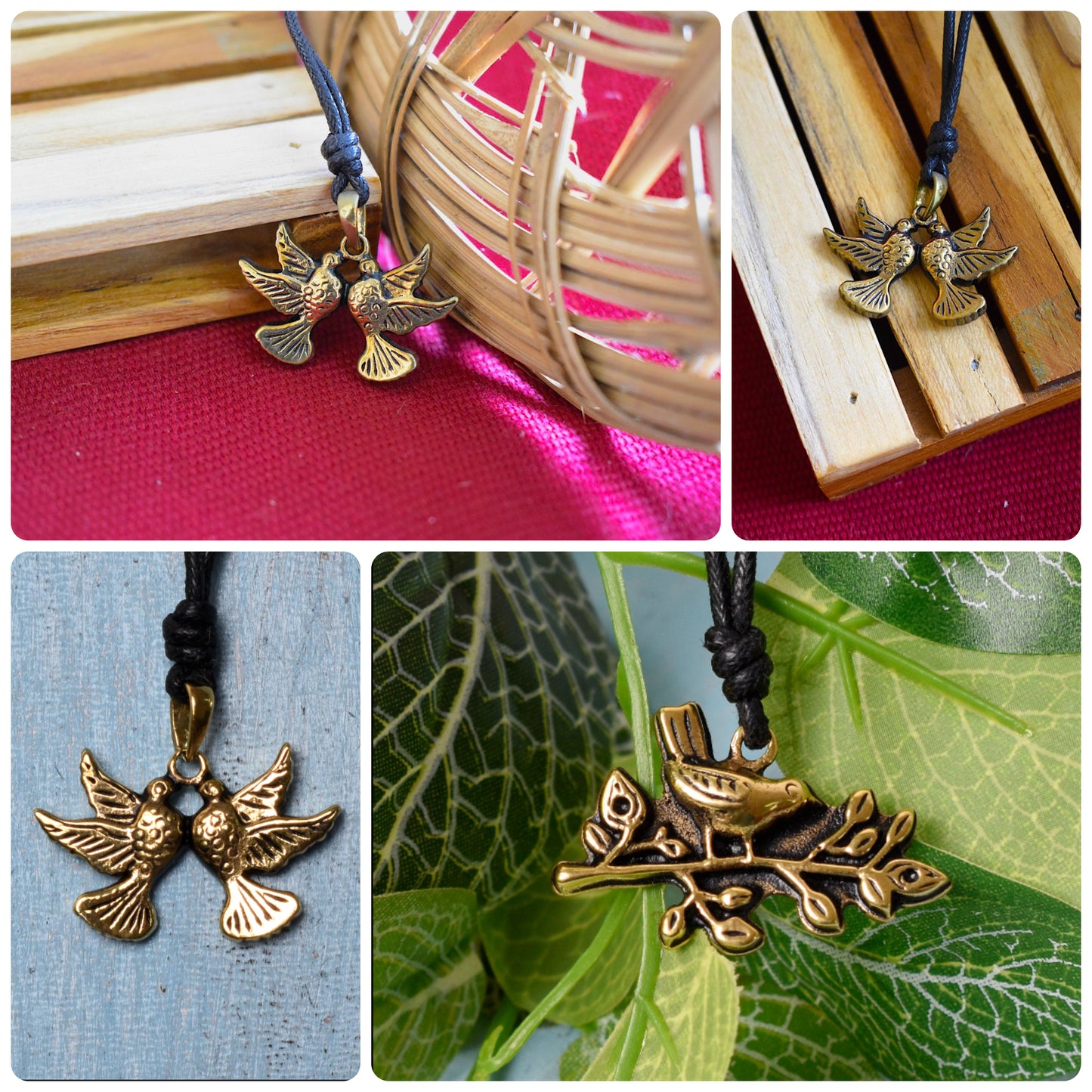 Birds Symbol Peace Gold Brass Charm Necklace Pendant Jewelry