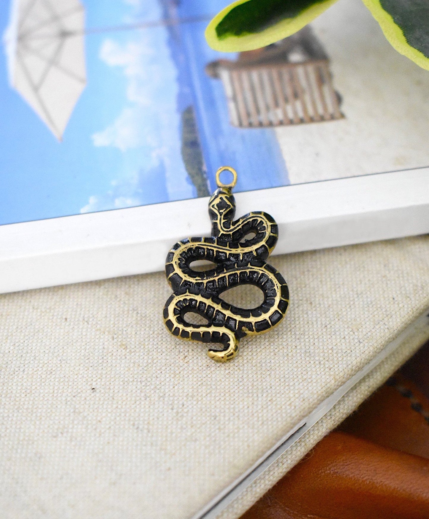 Long Snake Gold Brass Charm Necklace Pendant Jewelry