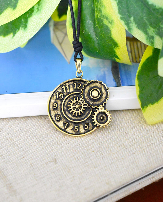 Steam Punk Clock Gear Handmade Gold Brass Necklace Pendant Jewelry