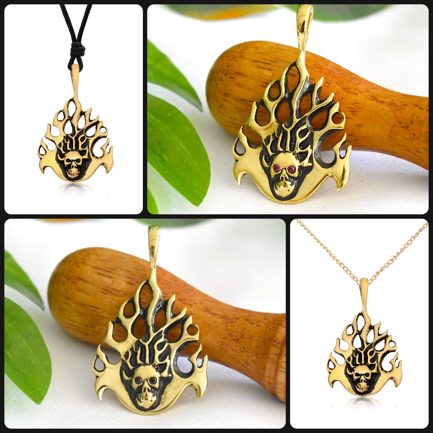 Fire Skull Head Handmade Silver Pewter Brass Necklace Pendant Jewelry