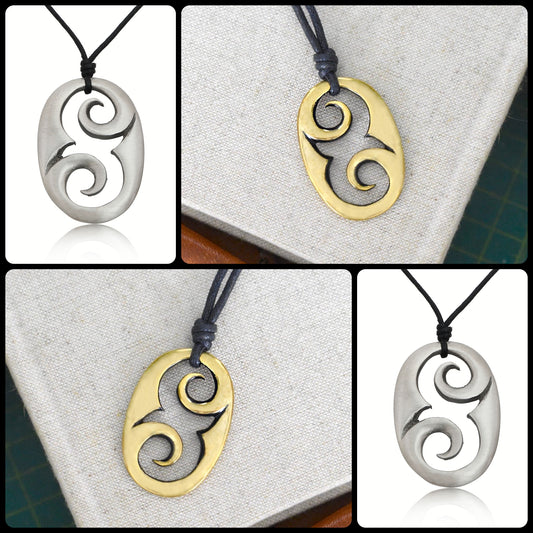 Tribal Maori Oval Abstract Silver Pewter Gold Brass Necklace Pendant Jewelry