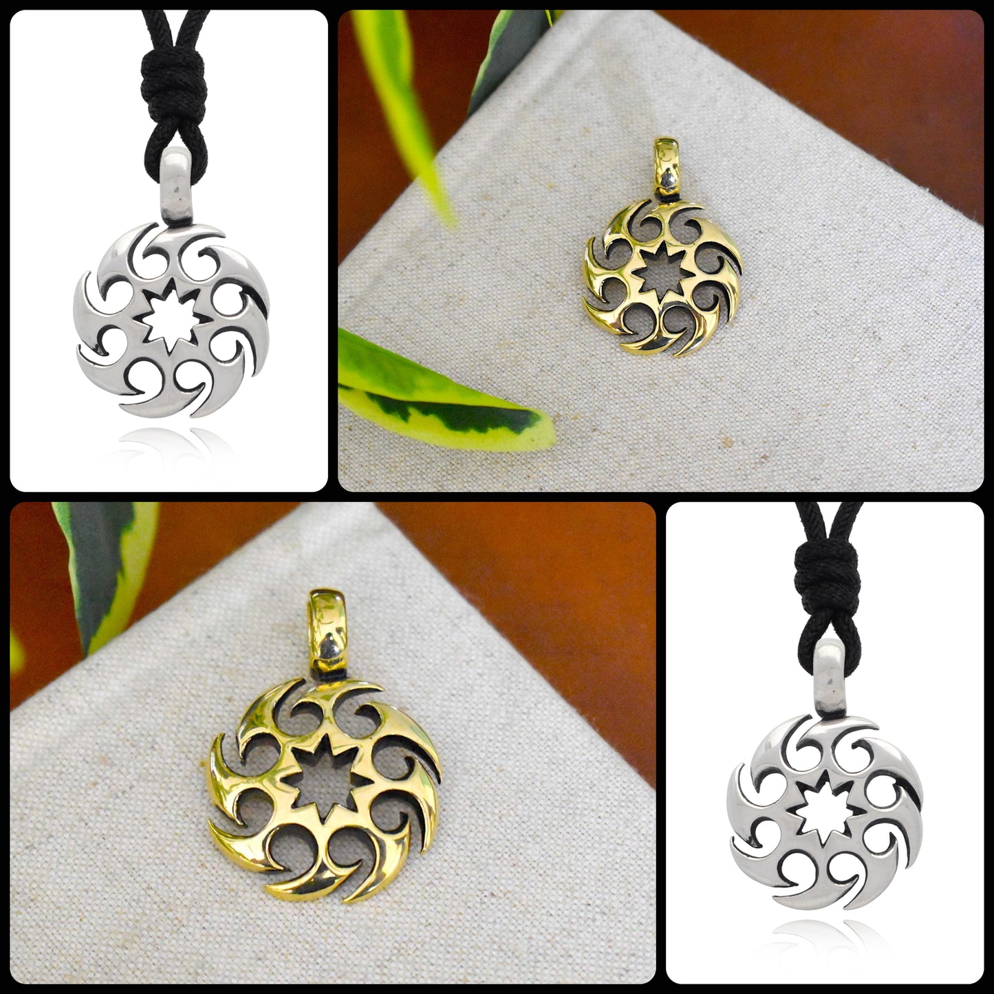 Tribal Wheel Silver Pewter Gold Brass Necklace Pendant Jewelry