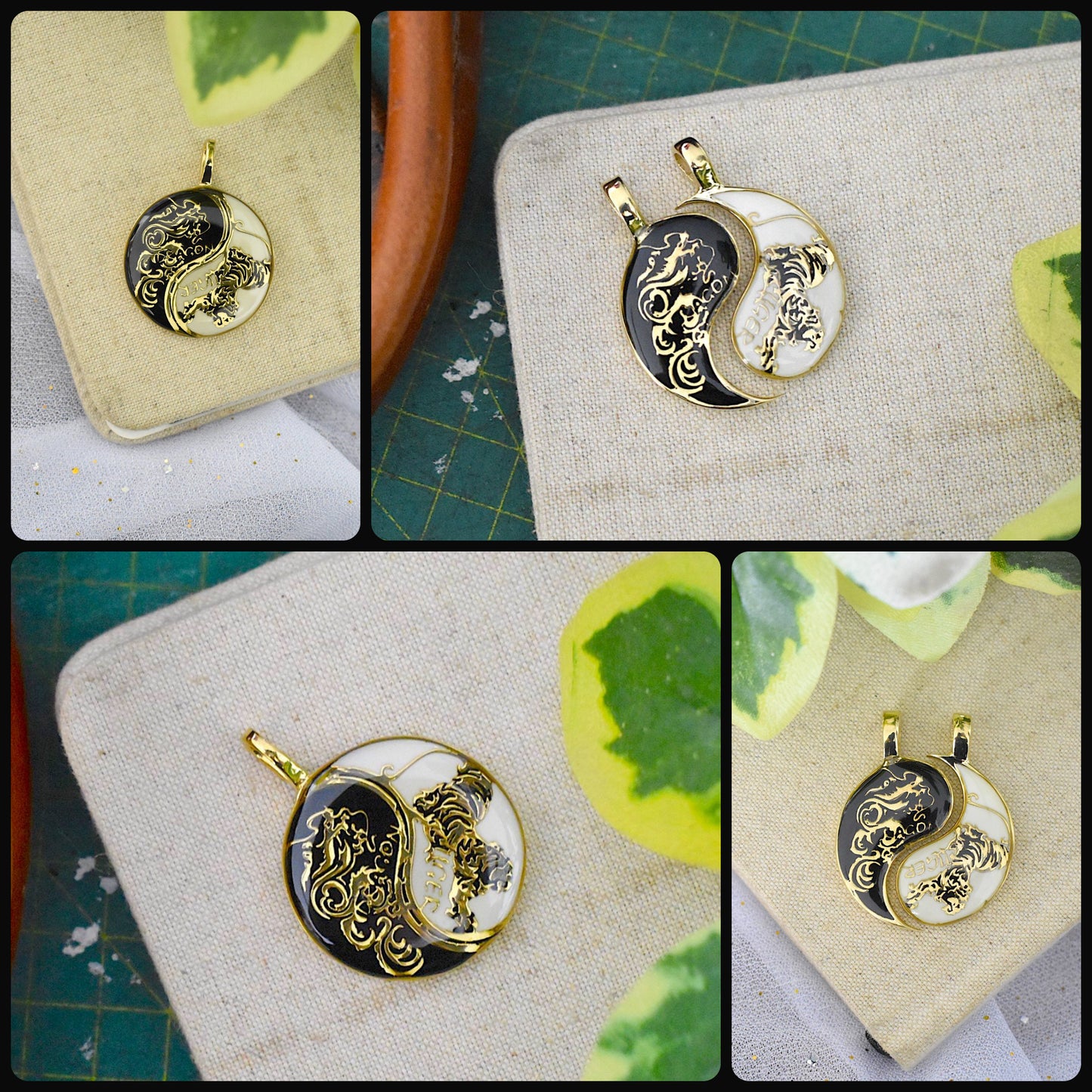 Dragon Tiger Yin Yang Best Friend Handmade Pewter Brass Necklace Pendant Jewelry