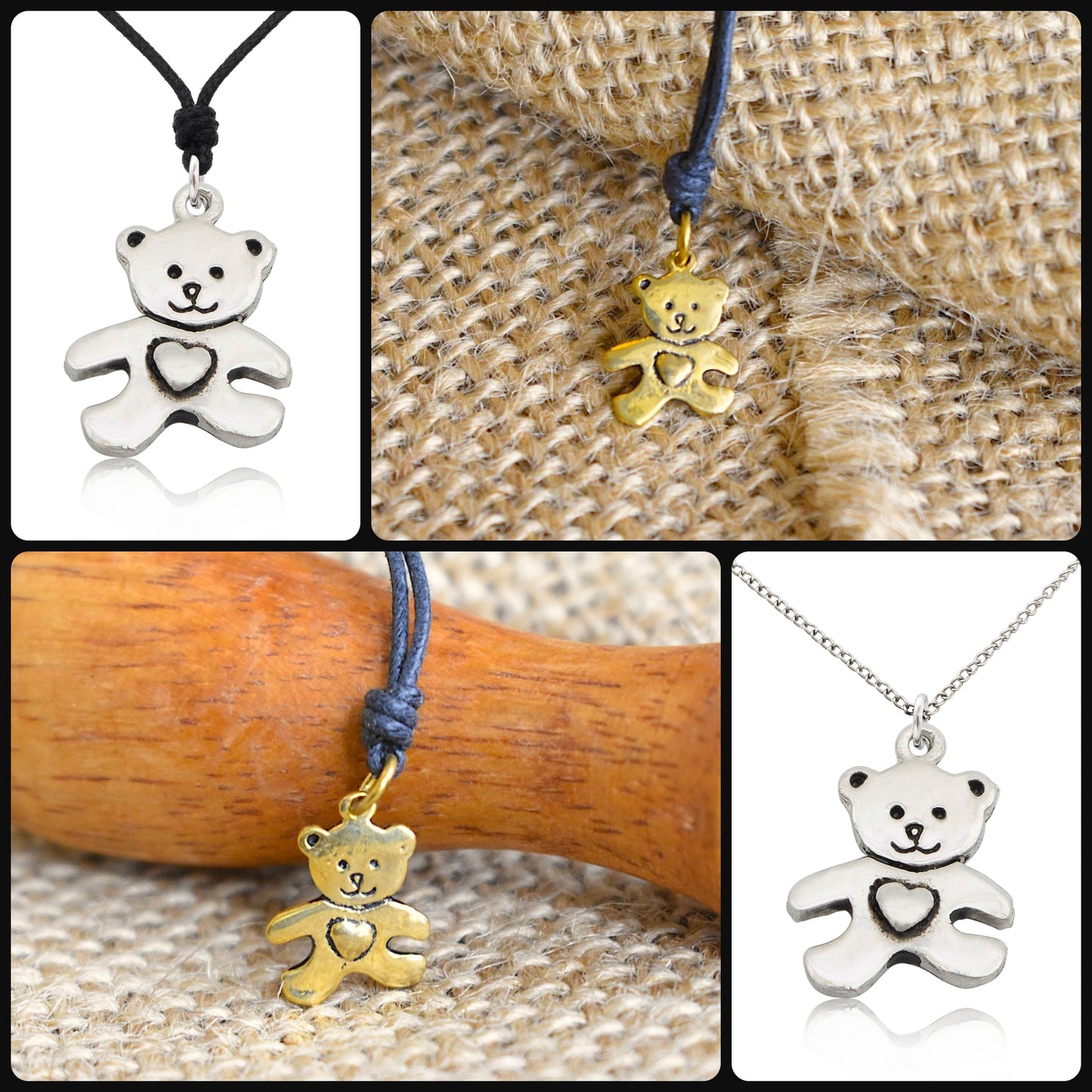 Teddy Bear Silver Pewter Gold Brass Charm Necklace Pendant Jewelry