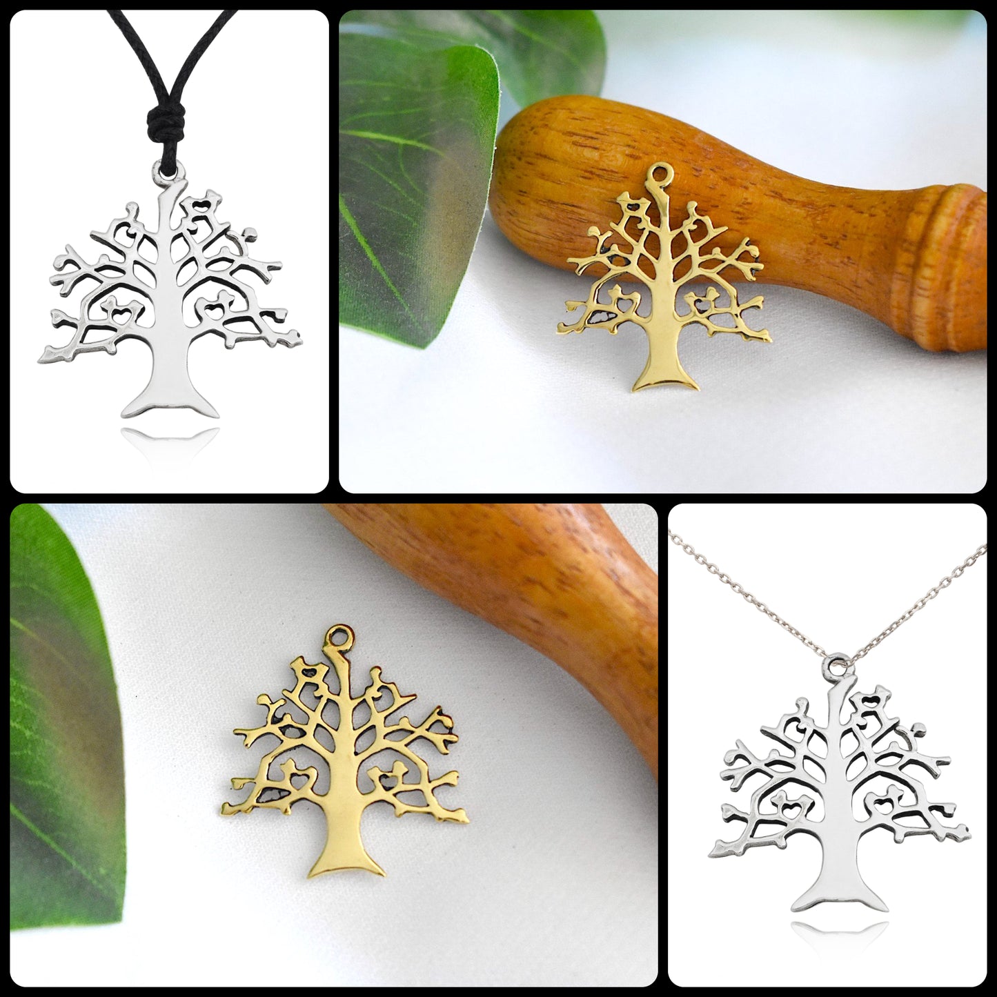 Oak Tree 92.5 Sterling Silver Gold Brass Charm Necklace Pendant Jewelry