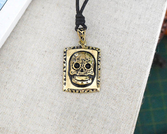 Mexican Skull Jesus Gold Brass Necklace Pendant Jewelry