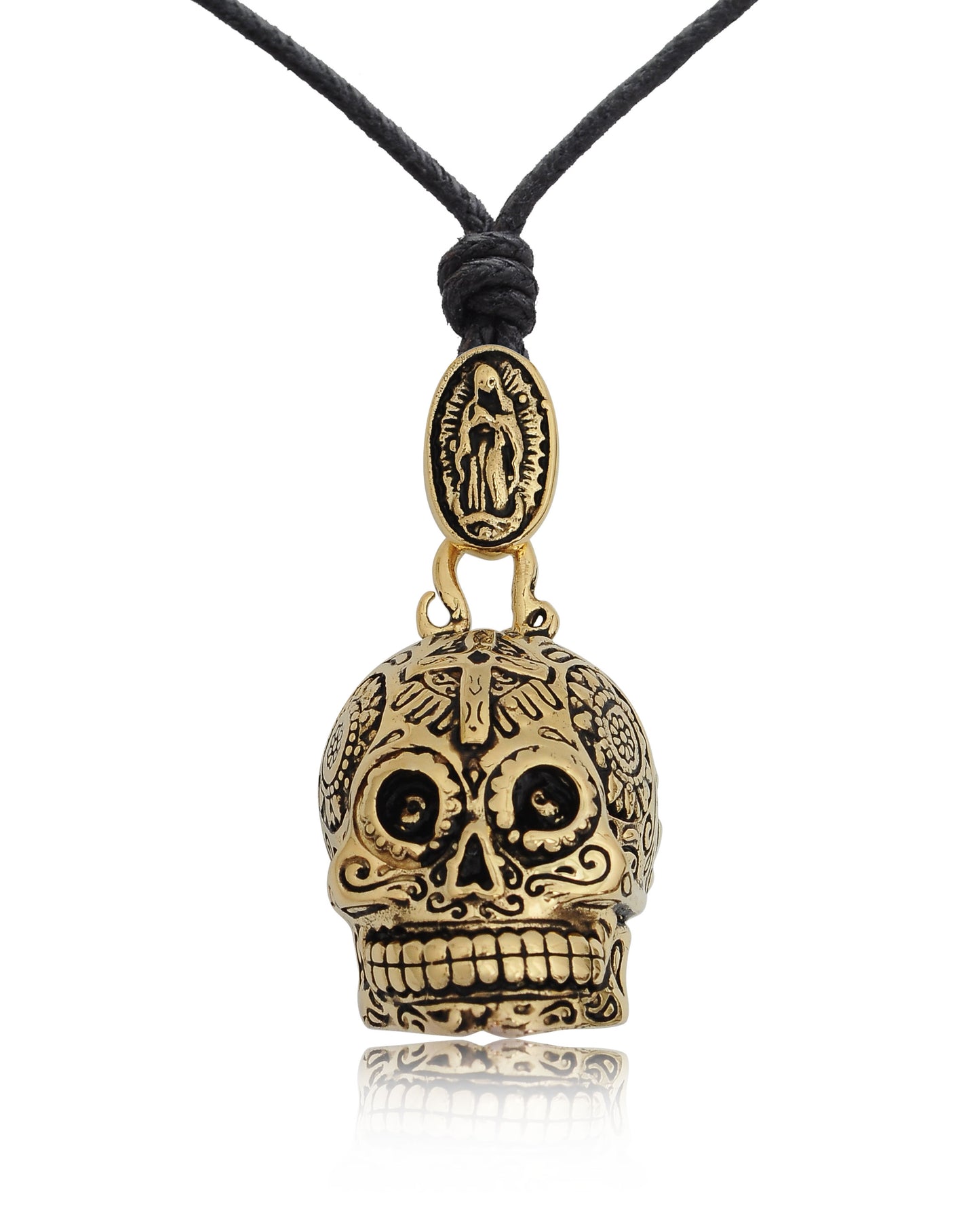 New Mexican Skull Cross Jesus Mary Gold Brass Charm Necklace Pendant Jewelry