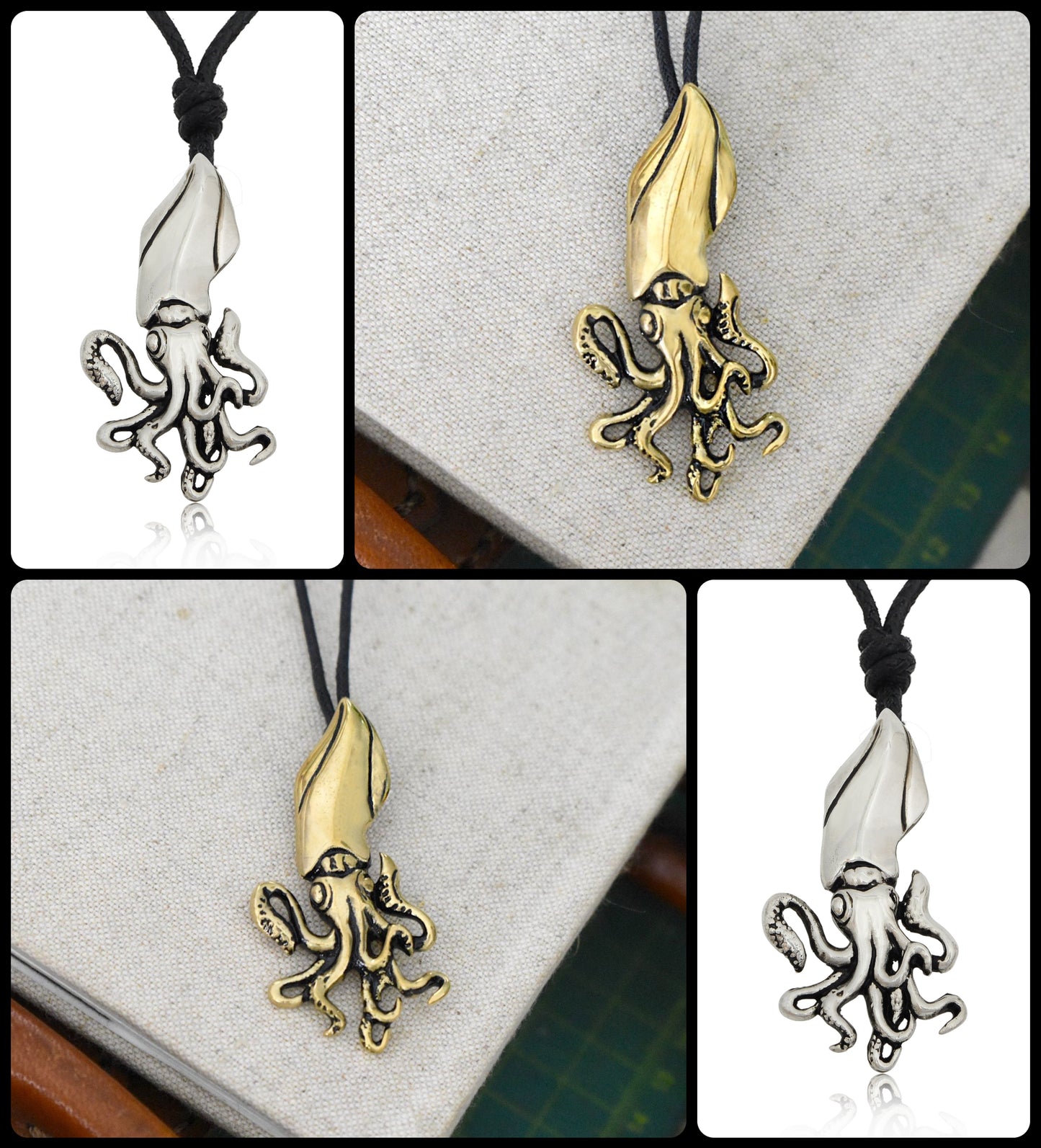 Squid Sea Life Silver Pewter Gold Brass Charm Necklace Pendent Jewelry