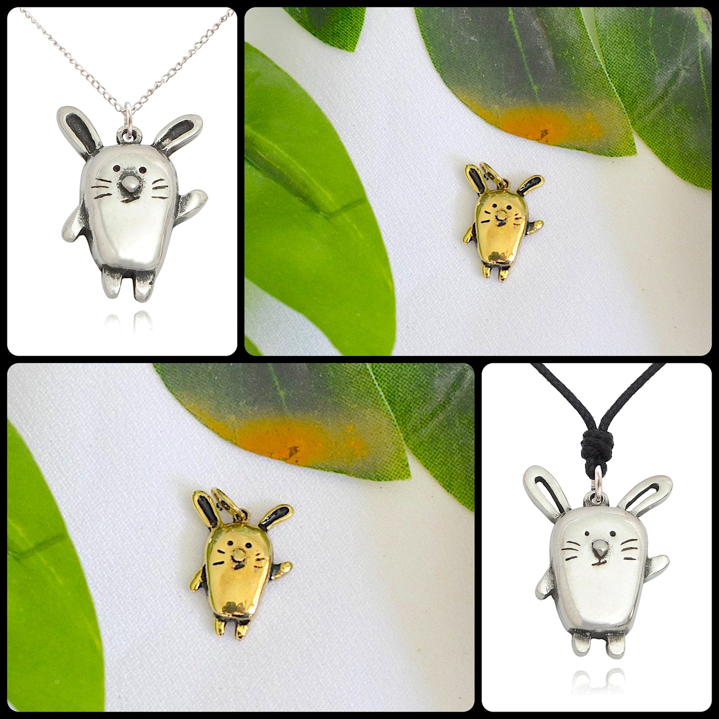 Greeting Rabbit Size M & S Silver Pewter Gold Brass Necklace Pendant Jewelry