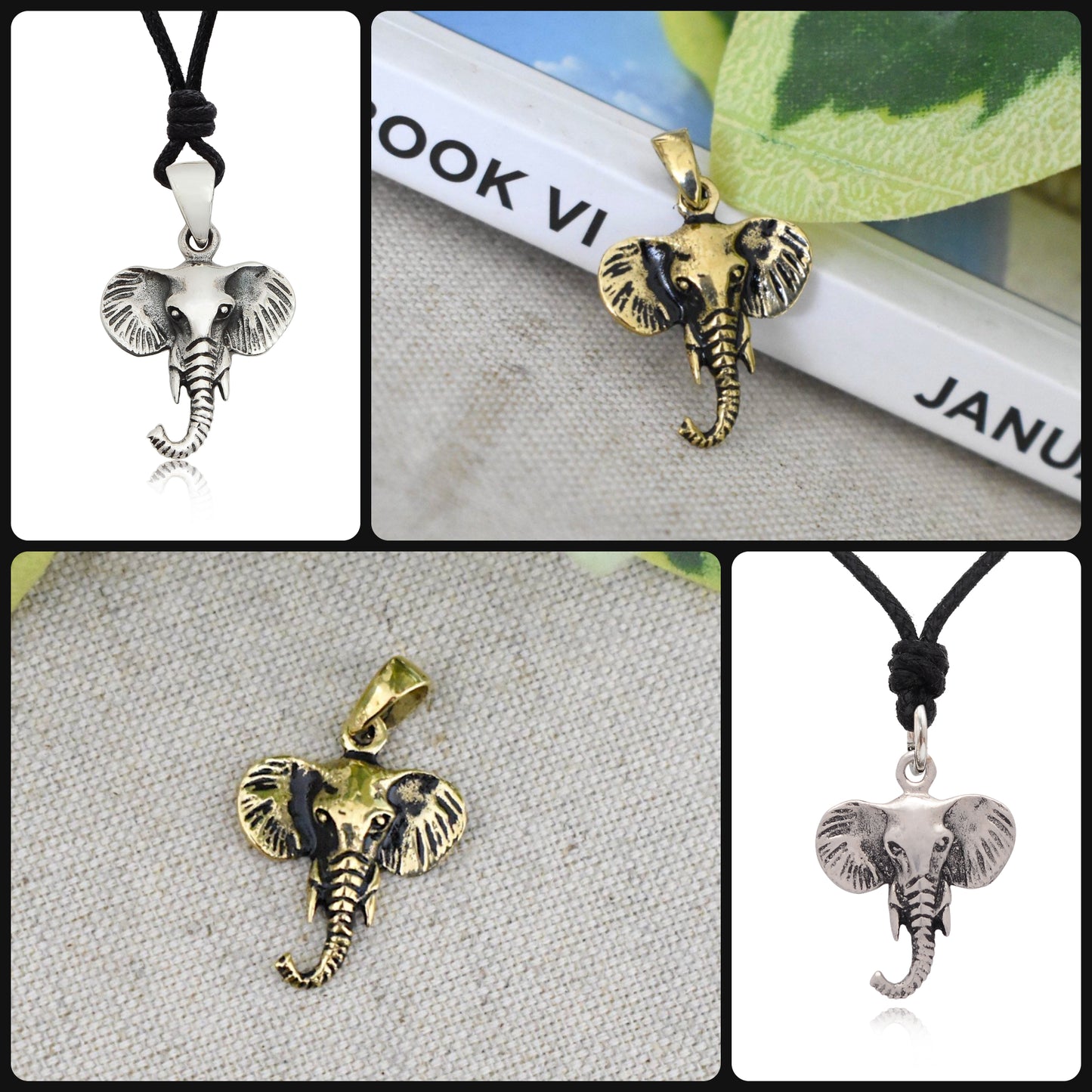 Elephant Face 92.5 Sterling Silver Pewter Gold Brass Charm Necklace Pendant Jewelry
