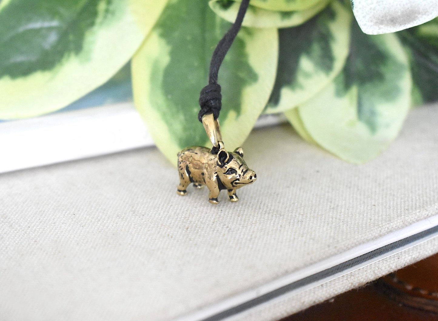 Smiling Pig Gold Brass Charm Necklace Pendant Jewelry
