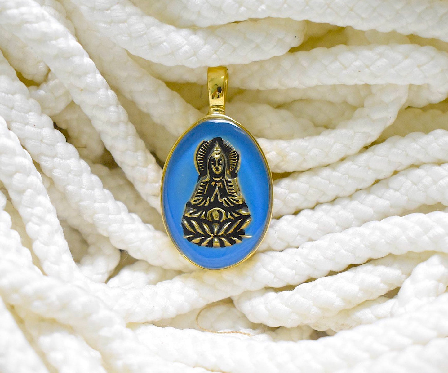 Guan Yin Goddess Meditating On Lotus Throne Brass Charm Necklace Pendant Jewelry