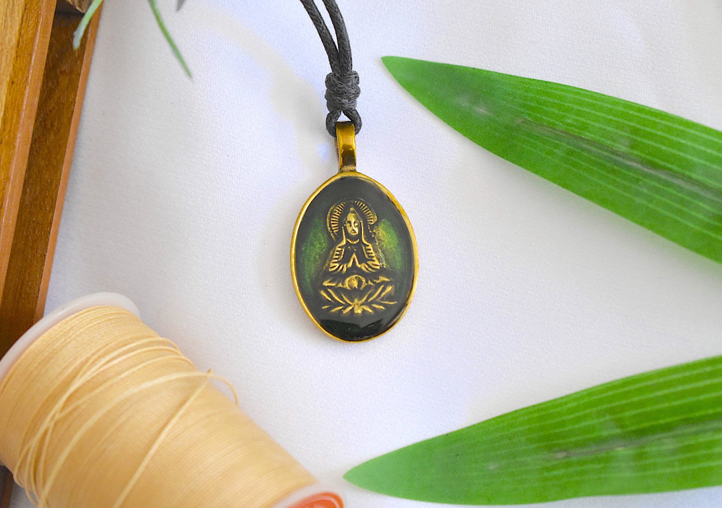 Guan Yin Goddess Meditating On Lotus Throne Brass Charm Necklace Pendant Jewelry