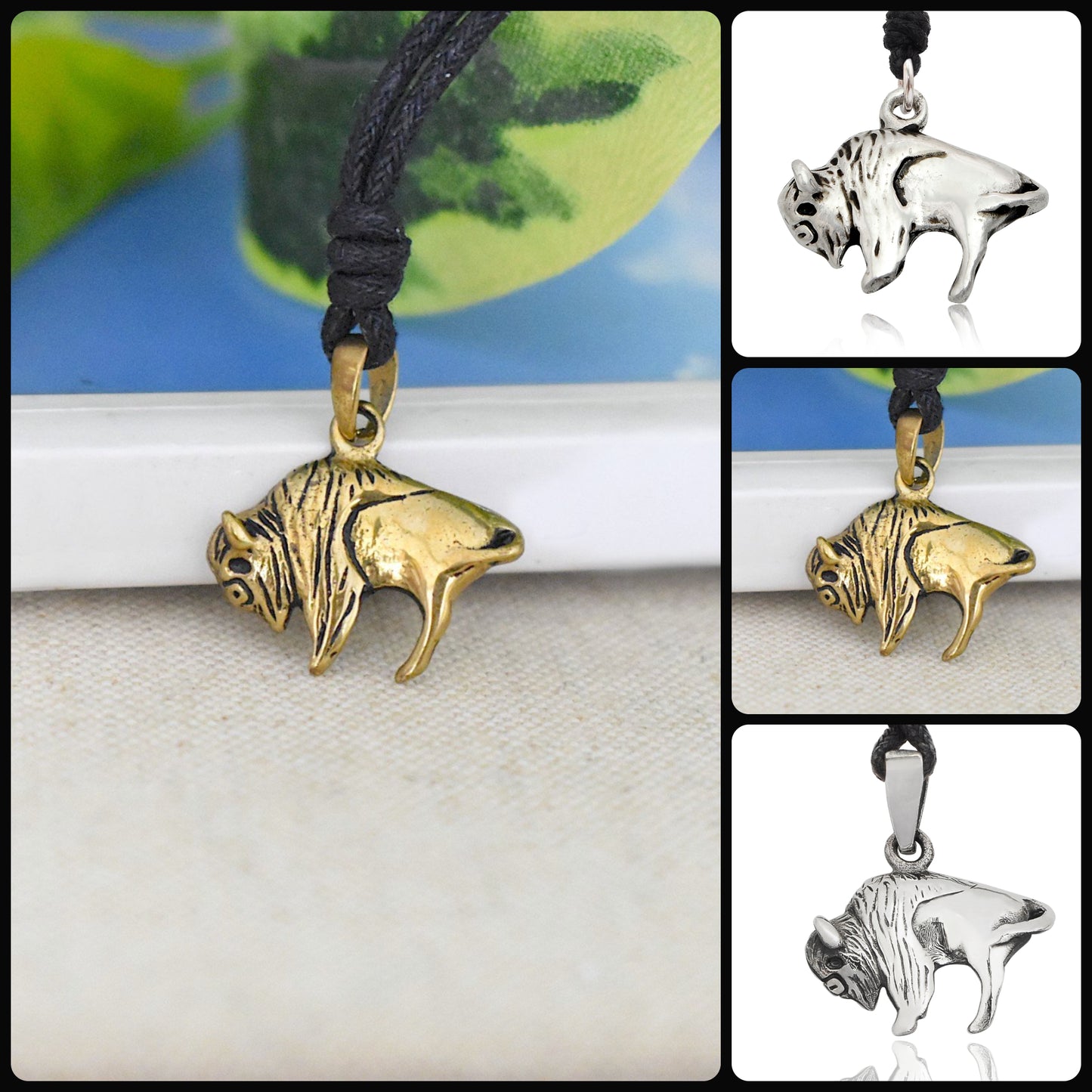 Bison Buffalo Sterling Silver Pewter Gold Brass Charm Necklace Pendant Jewelry