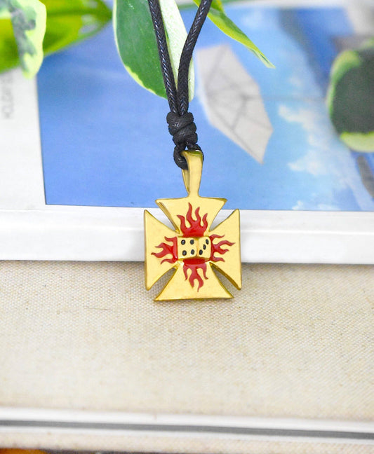 Cross With Flaming Dice Handmade Gold Brass Necklace Pendant Jewelry