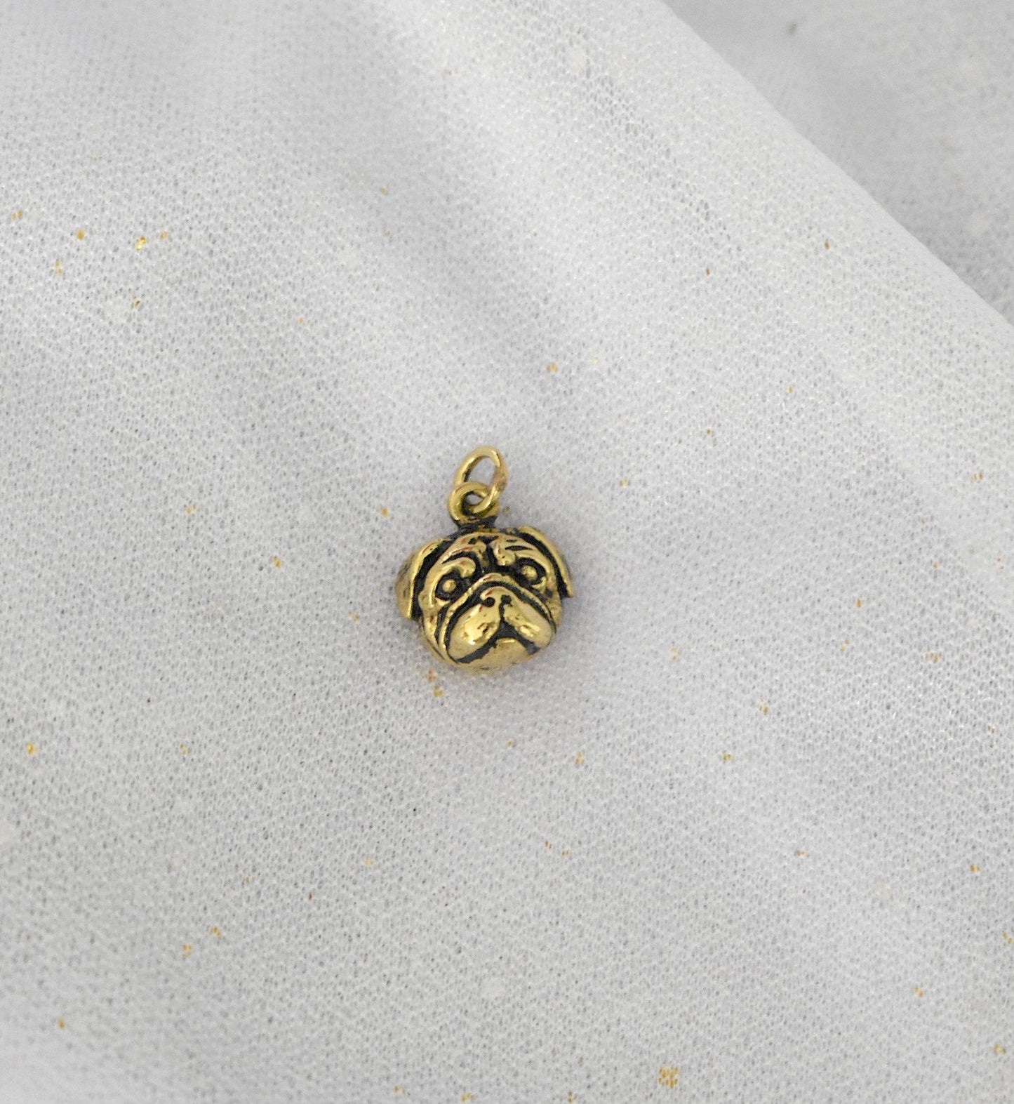 Mini Pug Puppy Head Gold Brass Charm Necklace Pendant Jewelry