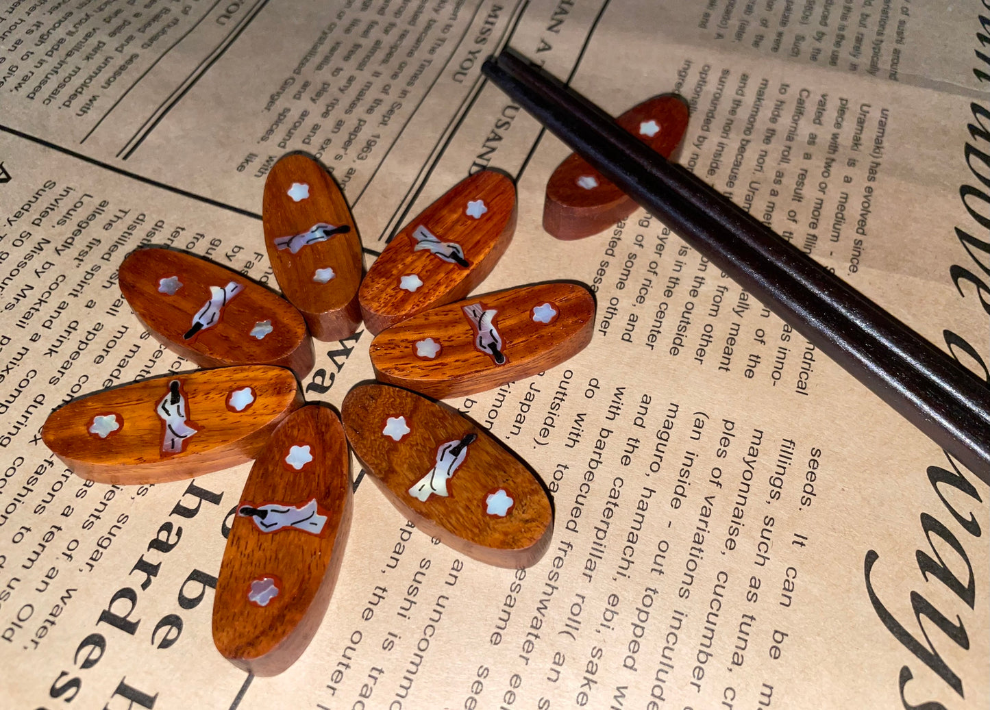 Set Of 10 Handcrafted Mother Of Pearl & Wooden Chopstick Rest Spoon Fork Knife Holder