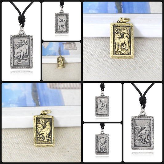 Rectangle Chinese Zodiac Silver Pewter Gold Brass Charm Necklace Pendant Jelwery