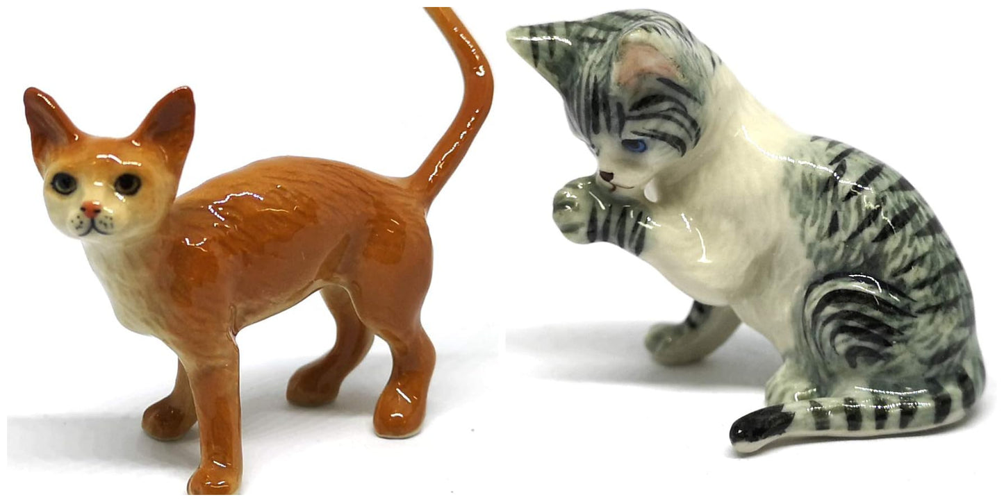 Grey Tabby & Brown Burmese Cat Ceramic Figurine Porcelain Handmade Home Decor Collection
