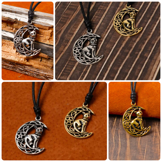 Celtic Moon and Cat Silver Pewter Gold Brass Charm Necklace Pendant Jewelry