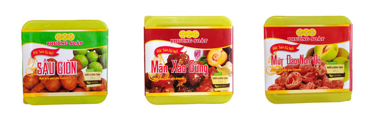 Phuong Soat Dried Candied Fruit Box With Variety Flavours Sau Gion, Peach & Plums with Ginger 300g Mứt Đào Non Đỏ, Mận xào gừng, sấu giòn