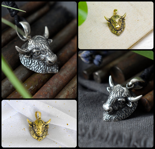 Bison Head 92.5 Sterling Silver Gold Brass Pendant Necklace Jewelry