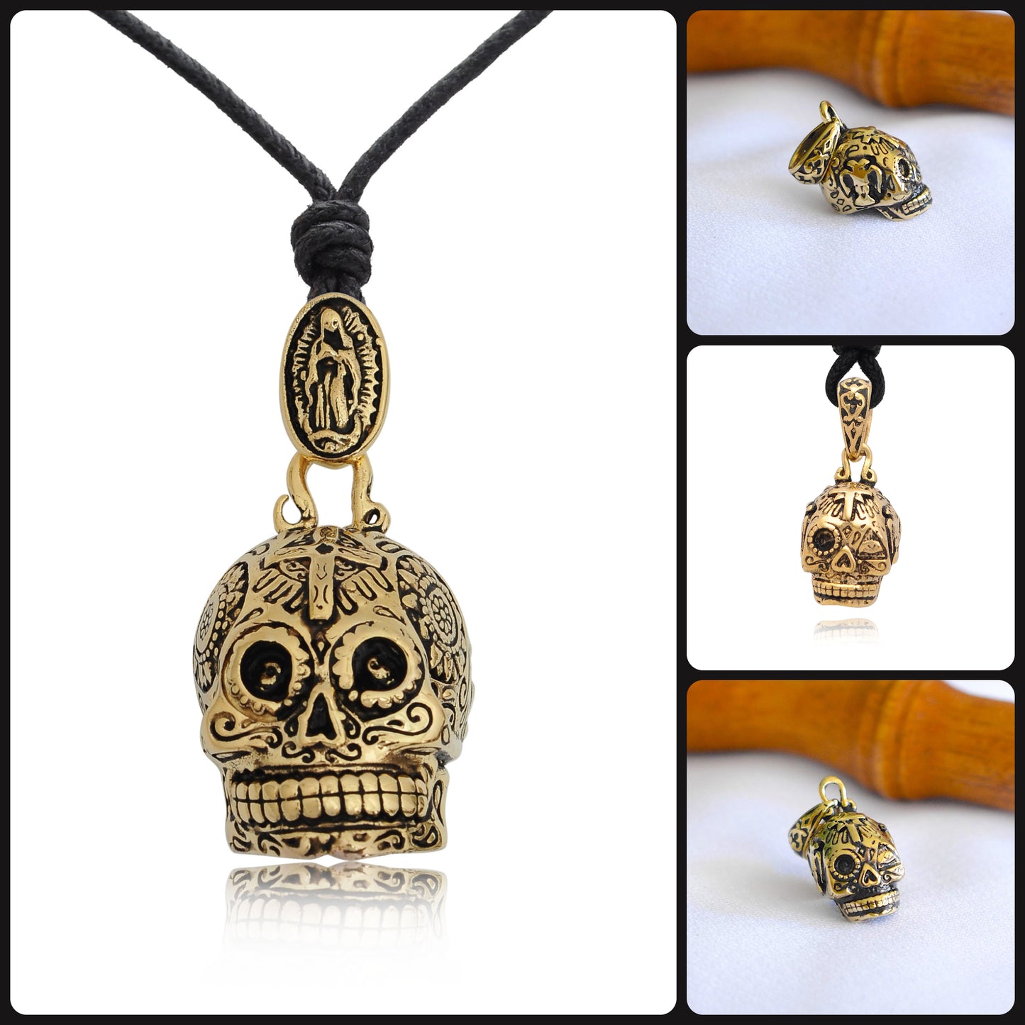 New Mexican Skull Cross Jesus Mary Gold Brass Charm Necklace Pendant Jewelry