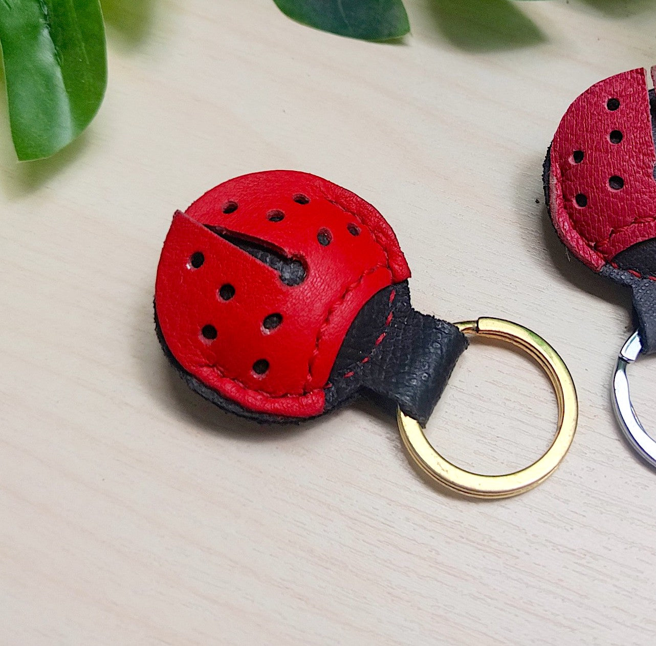 Cute Mini Genuine Leather & Wood Miniature Keychain Ring Handcrafted